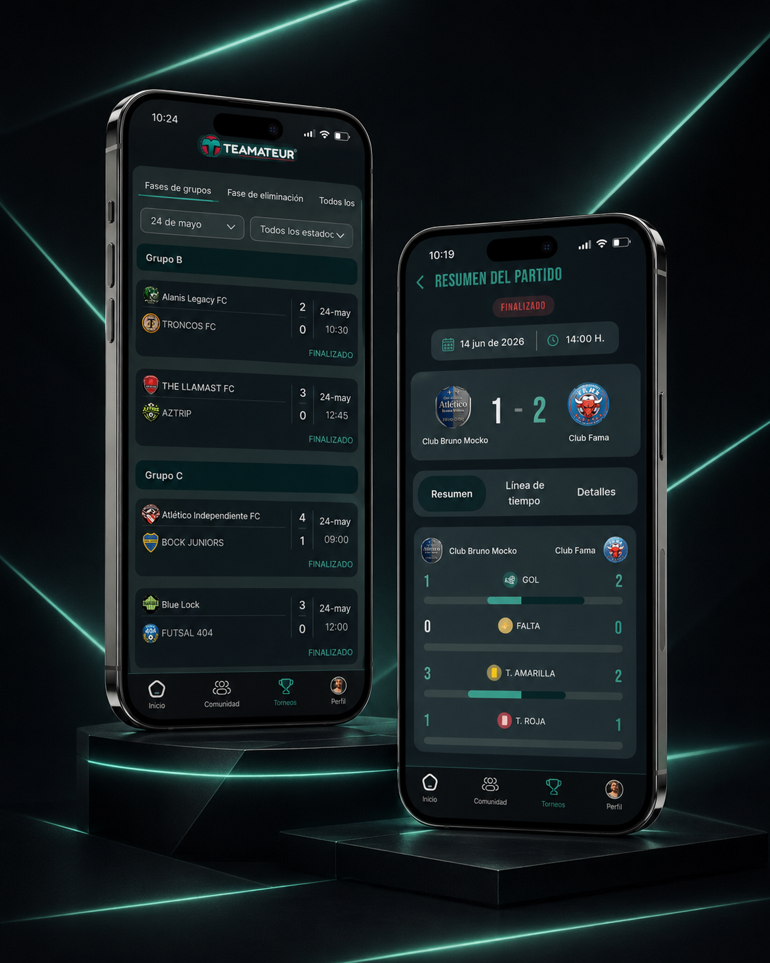 App de Teamateur con resultados, tablas de posiciones y estadísticas del torneo